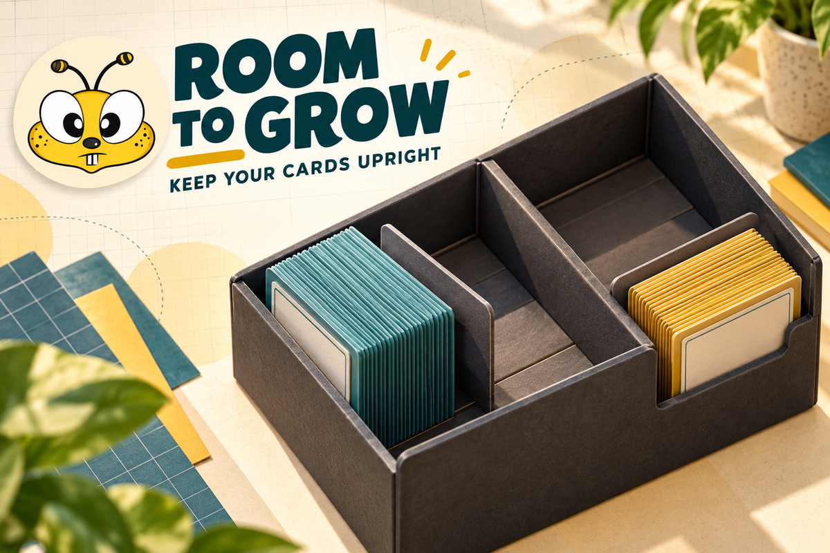 Illustration of upright teal and gold sleeved cards supported by partitions in a half-empty box, with the Happibee bee logo