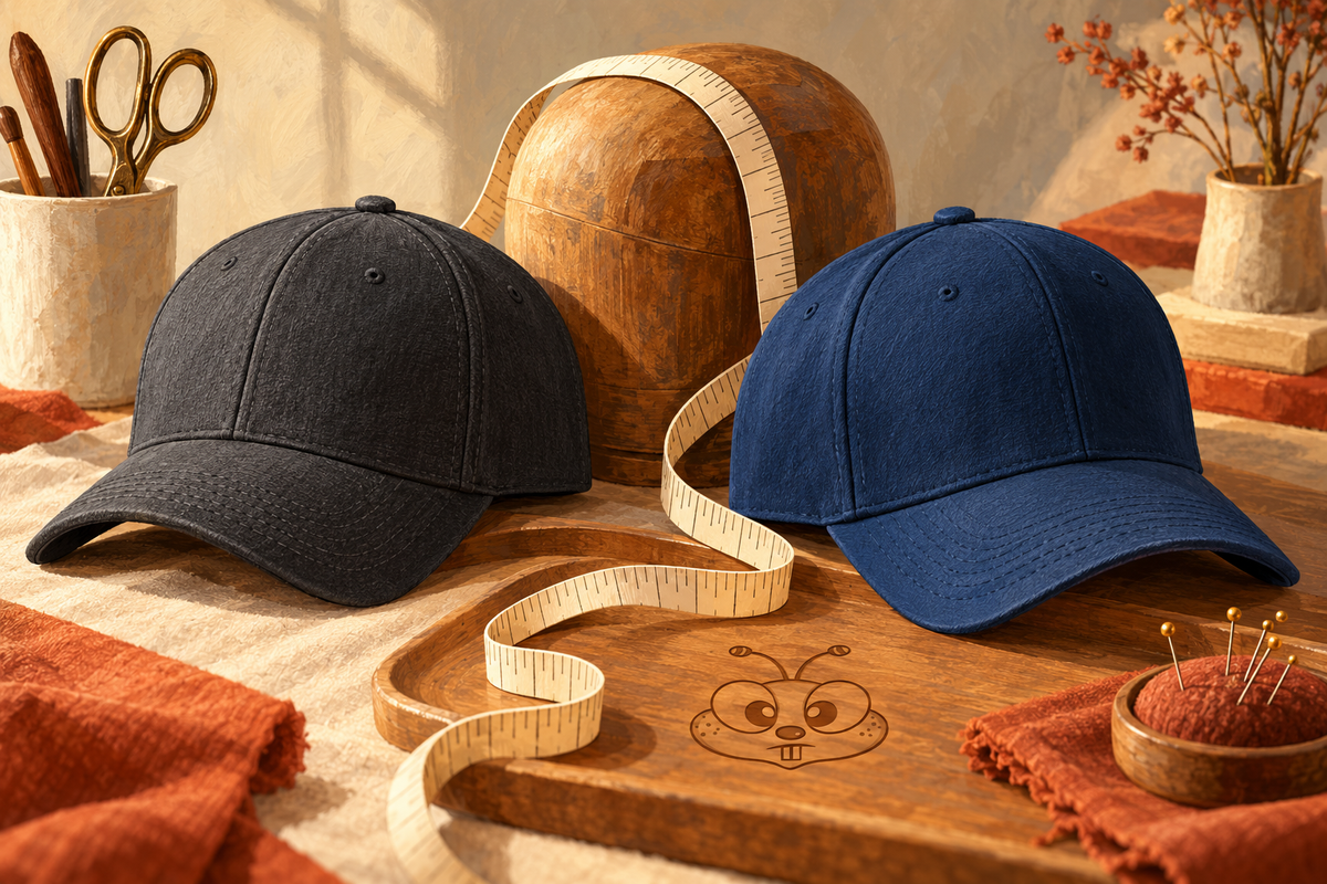 Illustrated charcoal and navy caps beside a measuring tape and wooden hat form, with a subtle Happibee bee-face motif