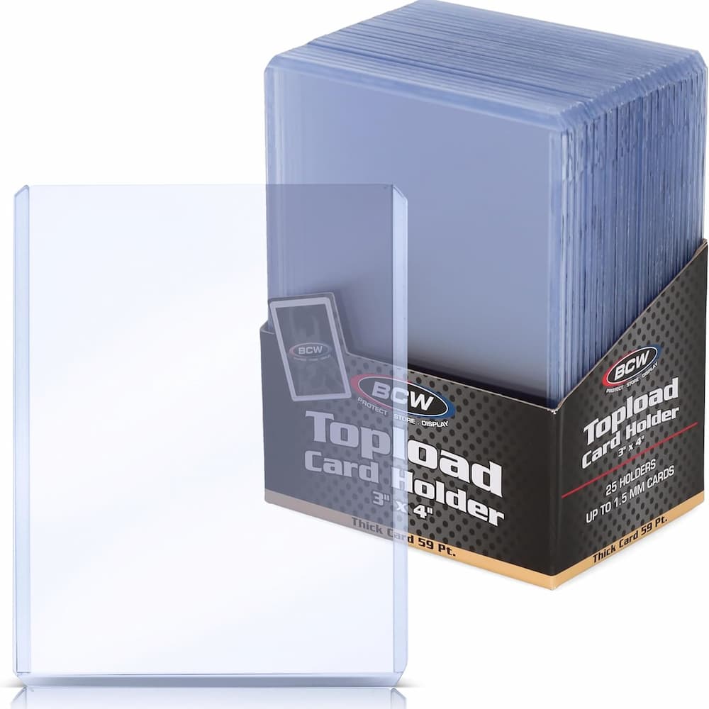 Clear BCW 59-point toploader in front of its 25-holder package