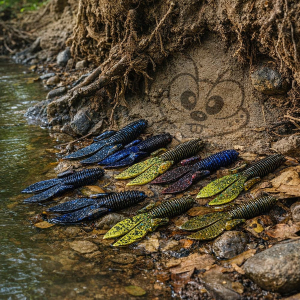 Ribbed creature baits in green and dark blue arranged beside a stream bank