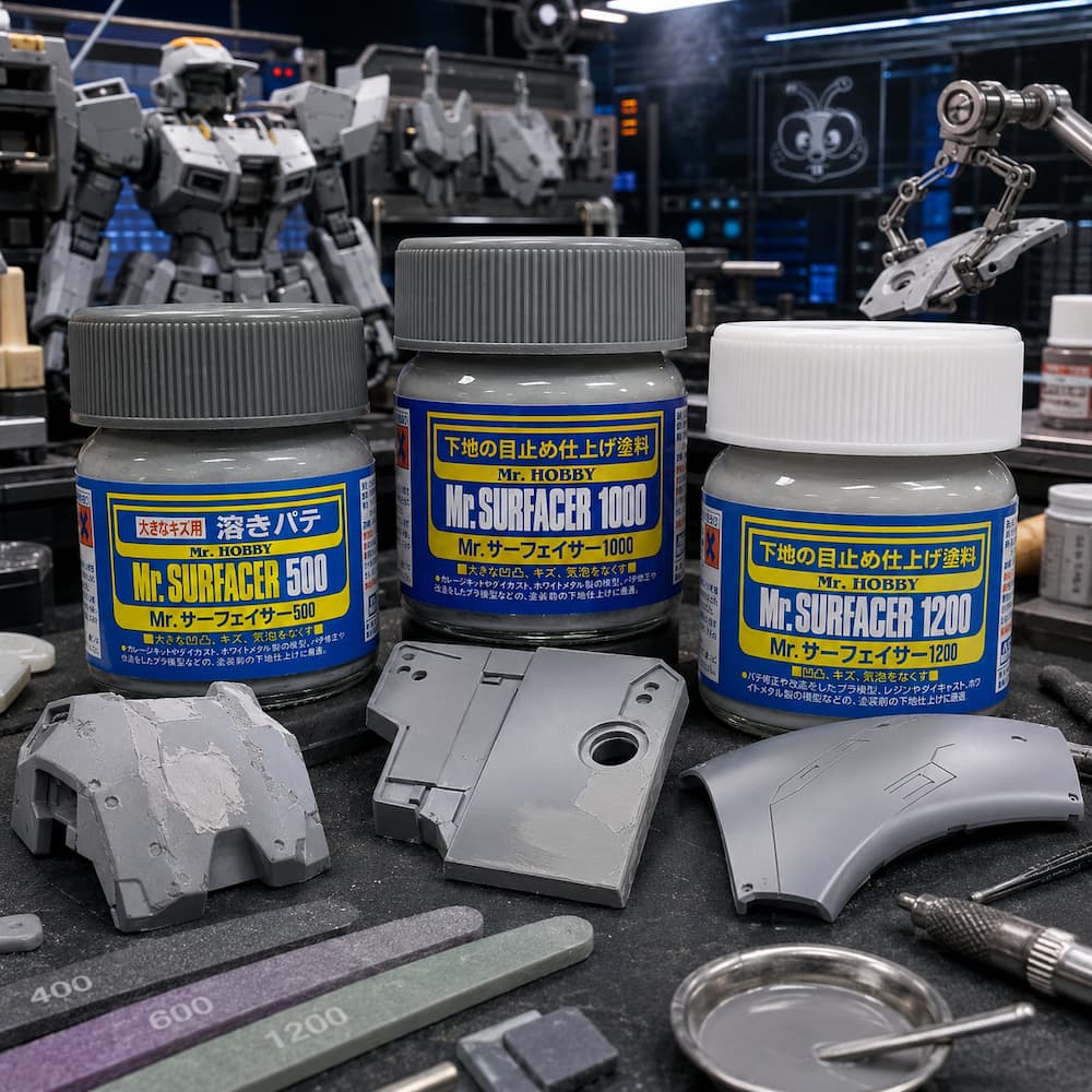 Mr. Hobby Mr. Surfacer bottles showing multiple surfacer grades for scale models