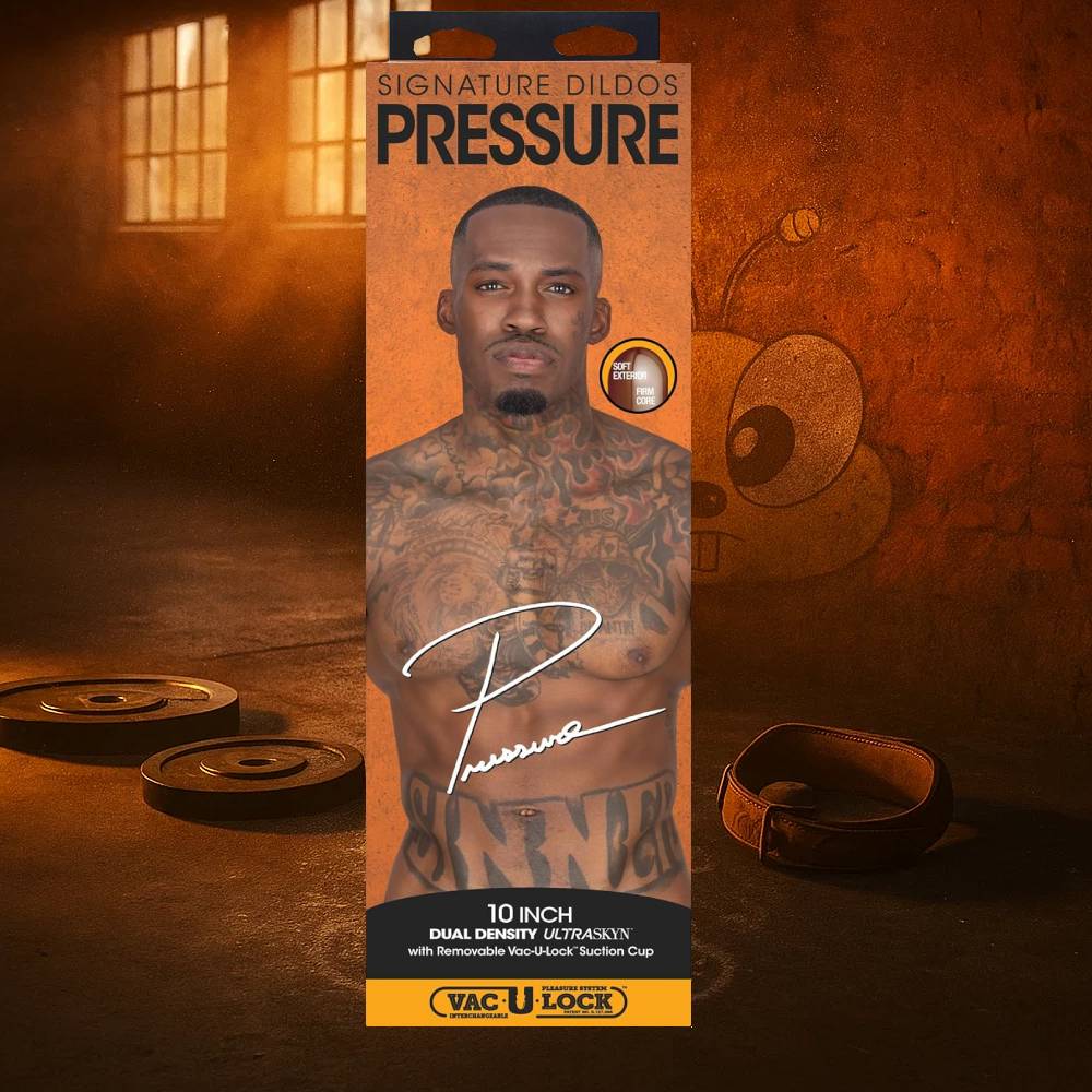 Doc Johnson Signature Cocks Pressure realistic dildo packaging showing the full-size replica