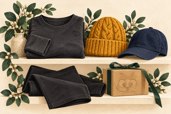 Illustrated folded basics, a mustard knit beanie and navy cap beside a gift box embossed with the Happibee bee face.