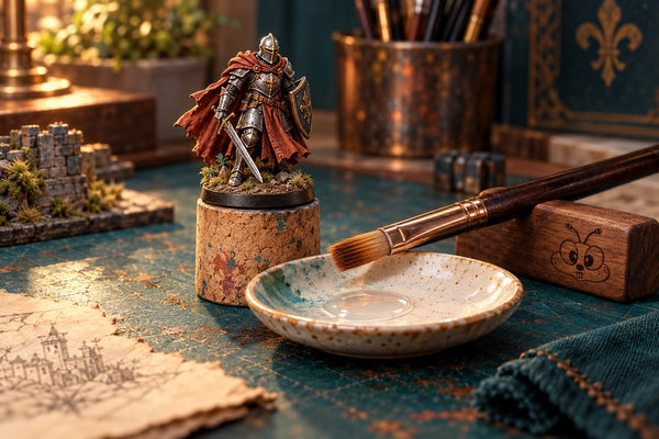 Illustration of a painted knight miniature beside a varnish palette and brush on a wooden rest with an engraved bee face.