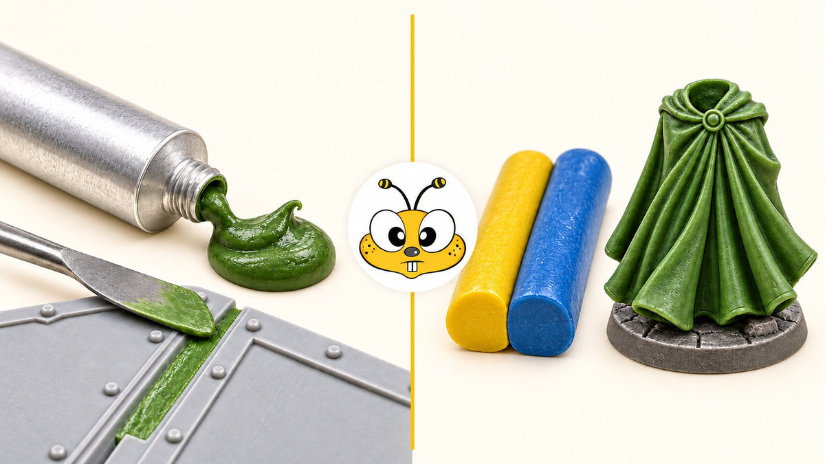 Happibee bee logo between an illustration of green seam filler and two-part sculpting epoxy