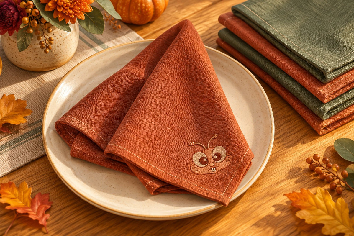 Original illustration of terracotta and sage cloth napkins, with a tonal bee embroidered on a napkin beside a cream plate