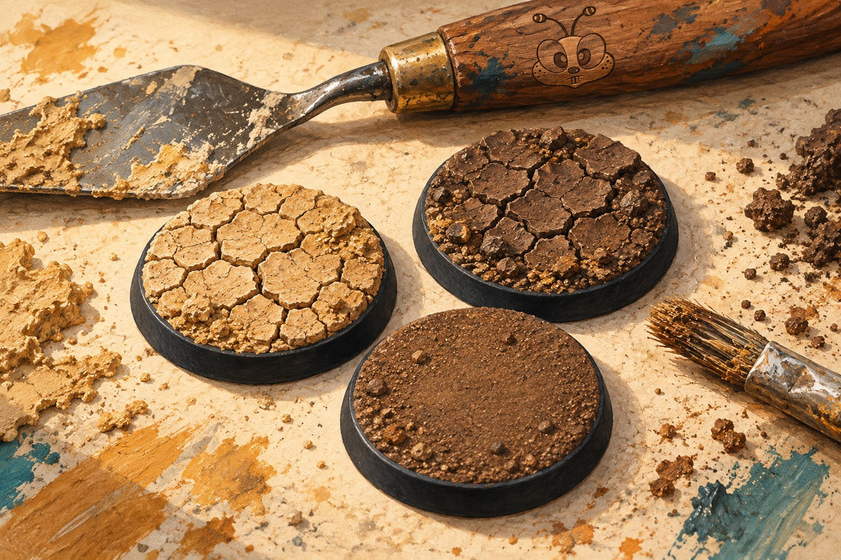 Illustration of pale and dark cracked-earth miniature bases beside a palette knife with a subtle engraved bee face.