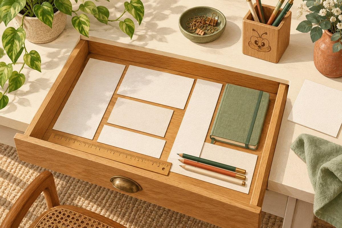 Illustration of an open wooden drawer with paper organizer templates, a ruler and a subtly engraved bee-face pencil cup