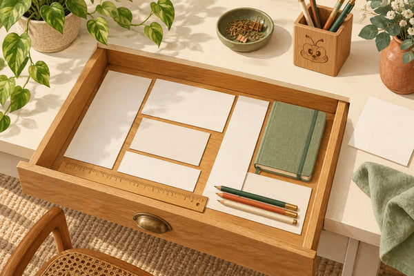 Illustration of an open wooden drawer with paper organizer templates, a ruler and a subtly engraved bee-face pencil cup