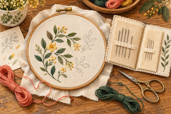 Original editorial illustration of a floral embroidery hoop, thread and an open fabric needle book.