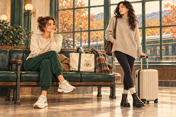 Illustration of two travelers wearing cuffed joggers and black leggings beside a carry-on and a tote with a subtle bee motif.