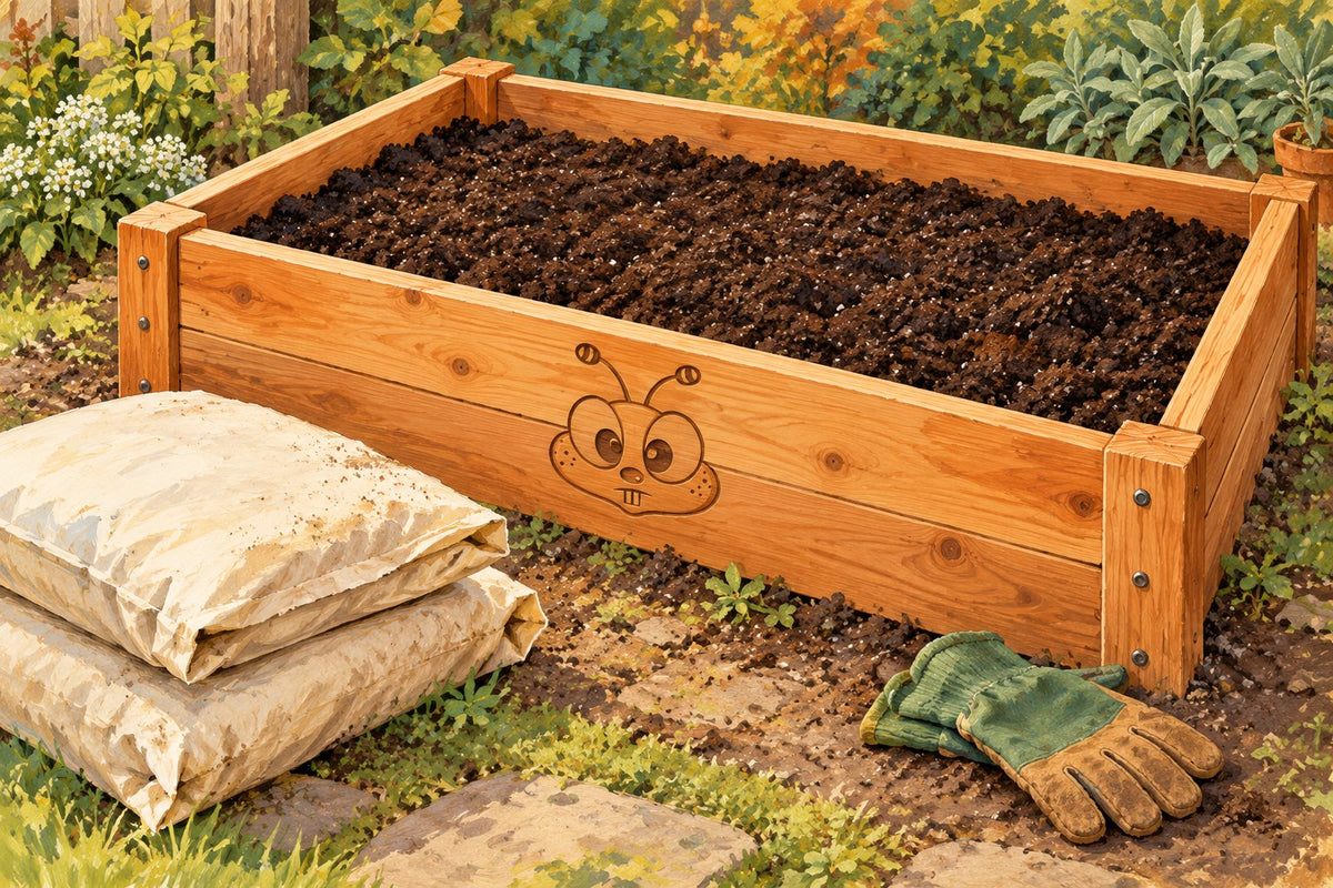 Original illustration of a soil-filled wooden raised bed with an engraved bee face, plain soil bags and gardening gloves