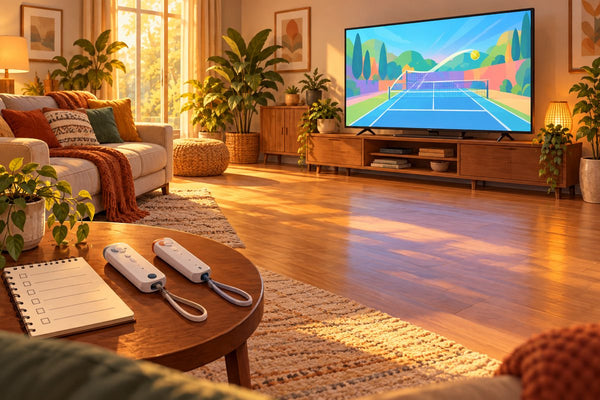 Original conceptual illustration of a living room with clear play space, generic motion controllers and a checklist.