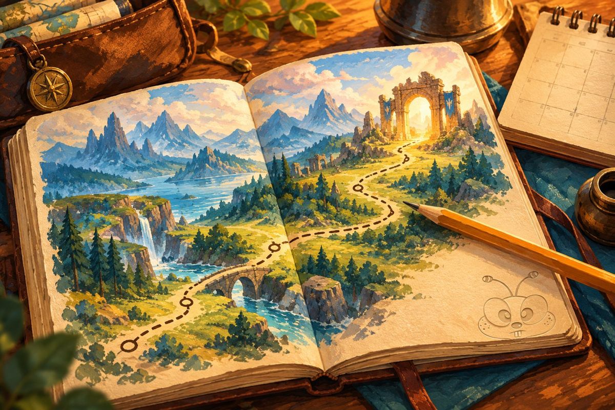 Conceptual illustration of a journal mapping a return journey through a fantasy landscape.