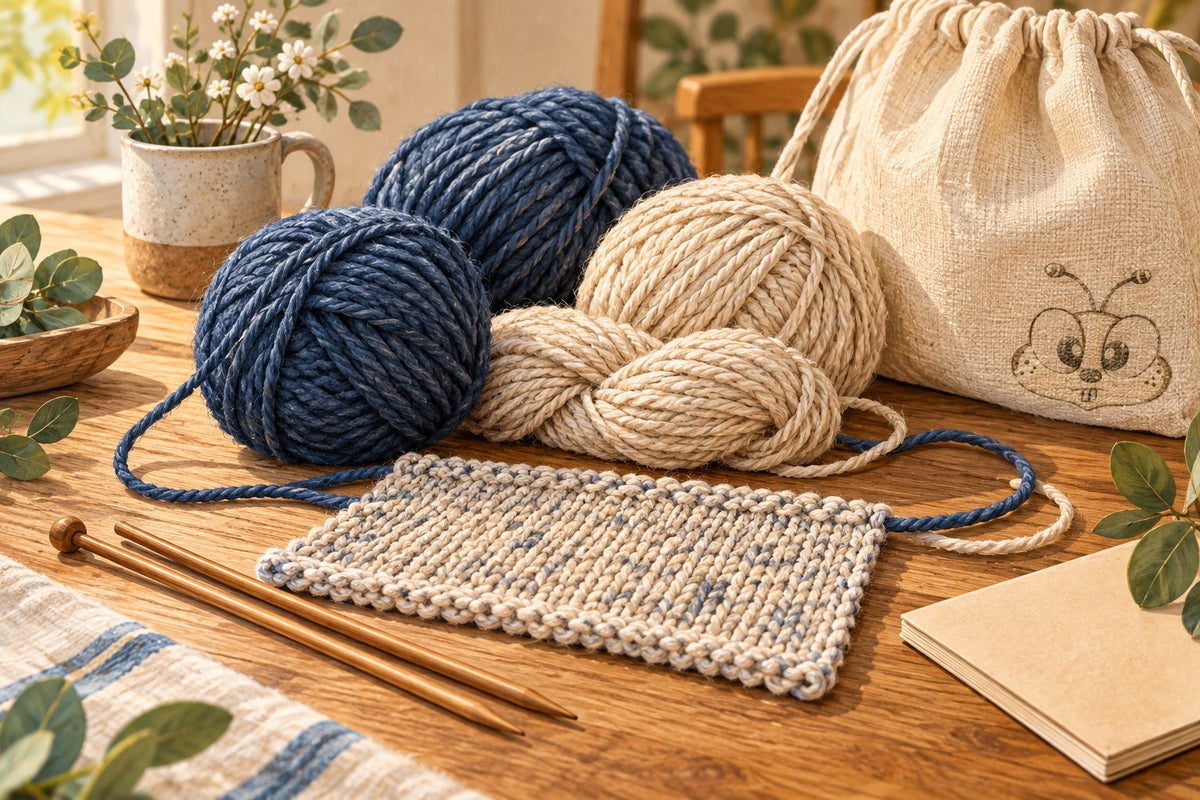 Illustration of indigo and oatmeal yarn beside a knitted swatch and a linen project bag with a tonal bee face