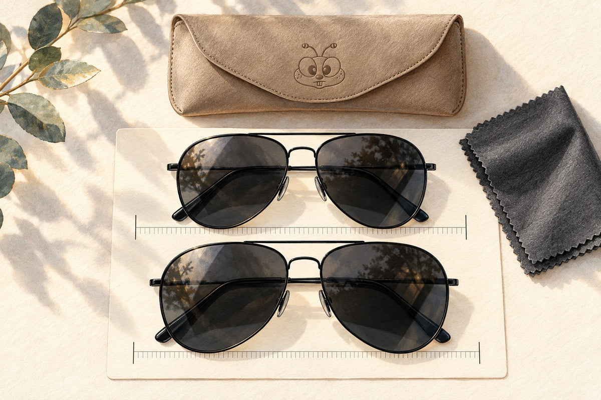 Editorial illustration of two aviator frames on a measuring card beside a taupe case embossed with the Happibee bee face.