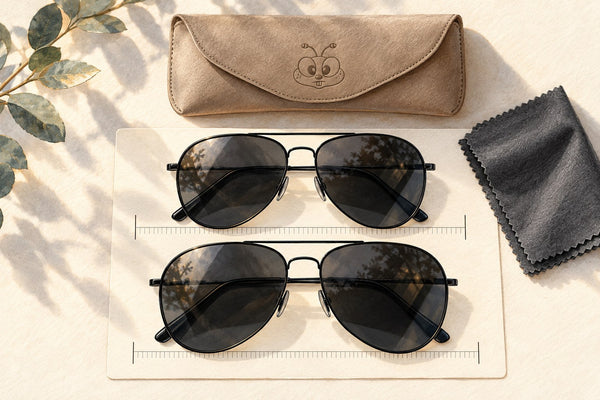 Editorial illustration of two aviator frames on a measuring card beside a taupe case embossed with the Happibee bee face.