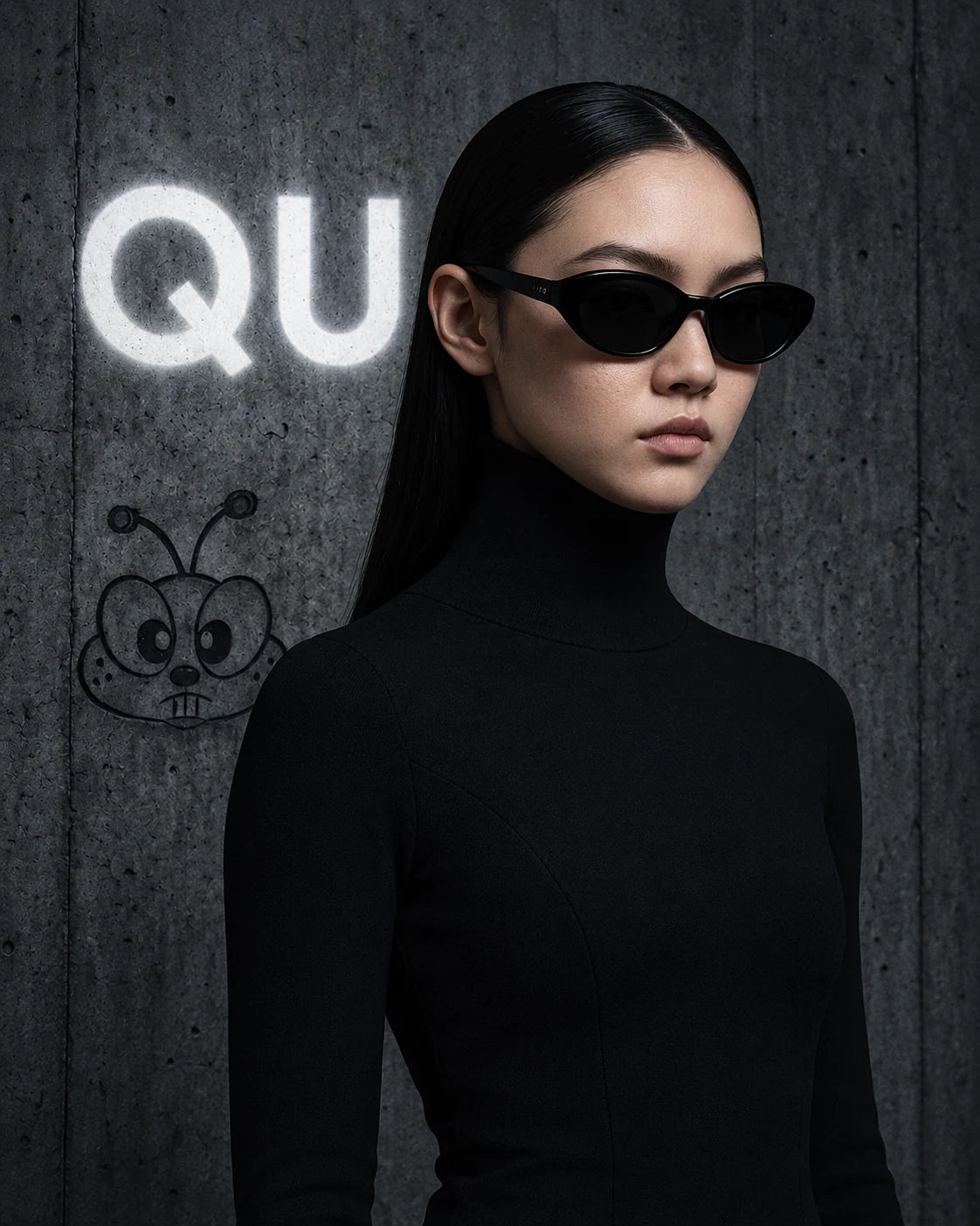 Happibee QUAY campaign model in sculptural black cat-eye sunglasses.