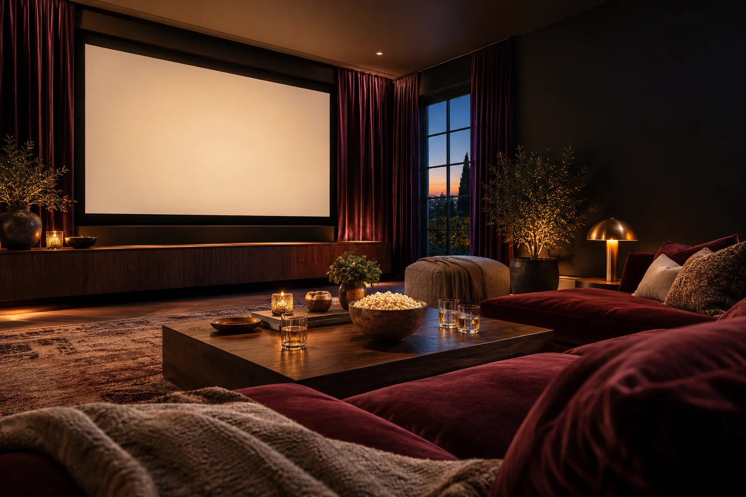 A warmly lit home cinema with burgundy seating, a projection screen and popcorn ready for movie night