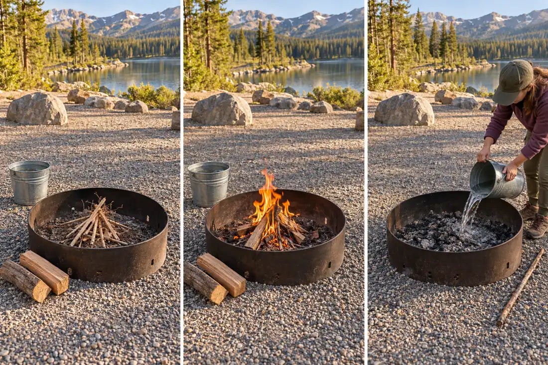 Dry kindling arranged in an established metal fire ring.