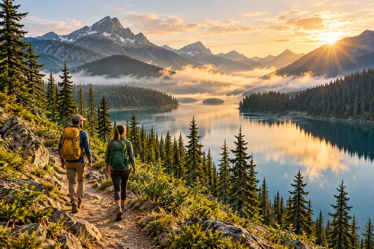 Illustrative mountain lake at sunrise with two hikers following a lakeside trail.