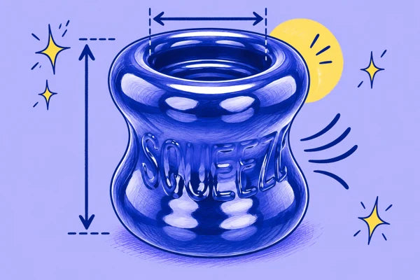 Illustrated SQUEEZE shape with arrows showing height and the inner opening; drawing is not to scale.