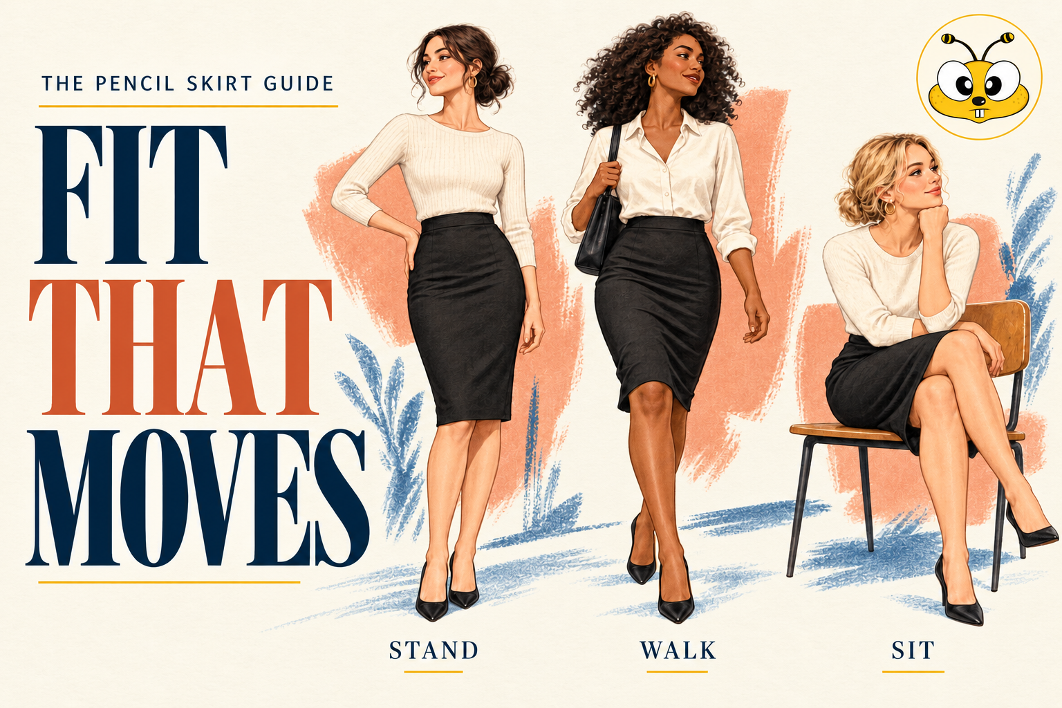 Illustrated women checking pencil-skirt fit while standing, walking and sitting, with the Happibee bee logo