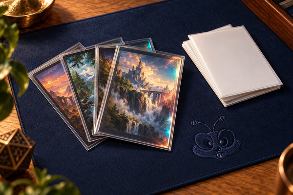 Illustrated sleeved fantasy cards and white-backed sleeves on a navy playmat with a subtle embroidered bee face.