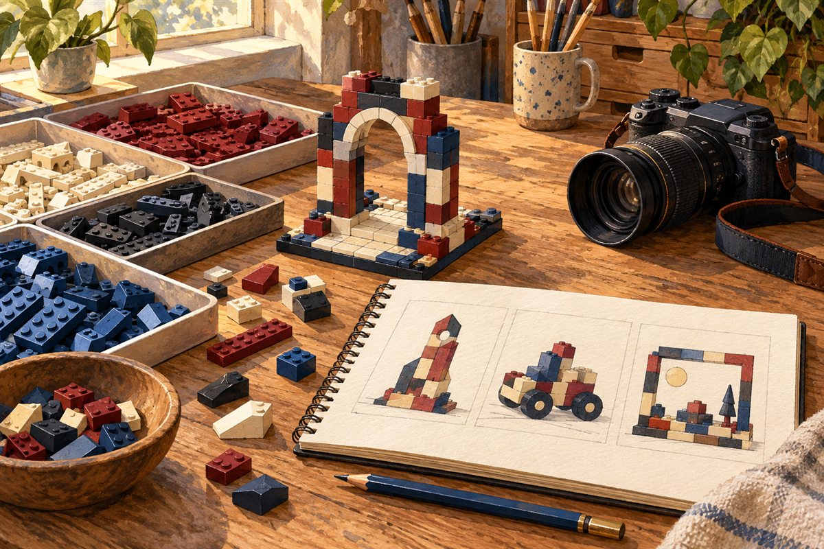Original editorial illustration of sorted building bricks, a planning notebook and a camera on a workshop table.