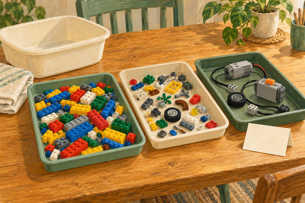 Original illustration of a brick-sorting table with ordinary pieces and wired toy components in separate trays.