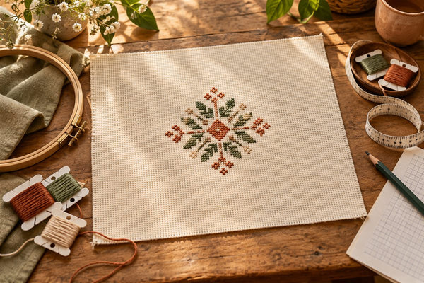 Original illustration of a stitched botanical motif with a wide blank cloth border, thread, a hoop and a tape measure.