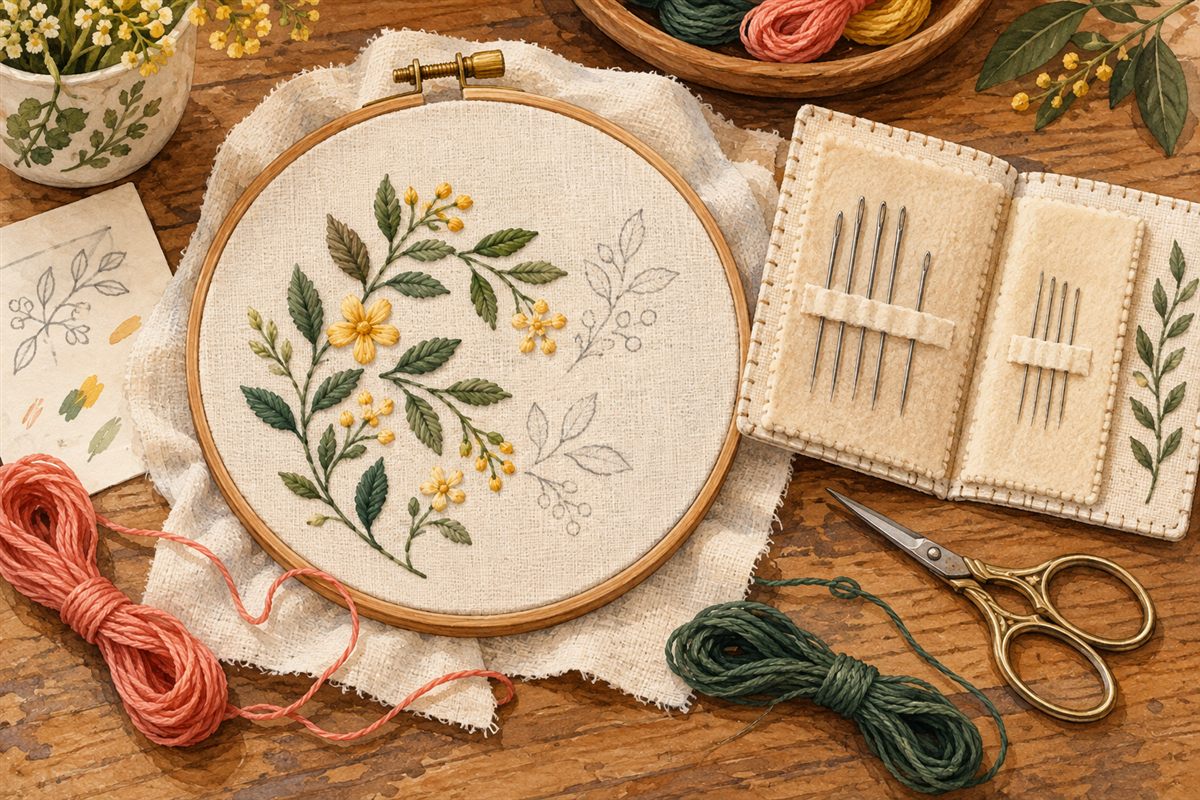 Original editorial illustration of a floral embroidery hoop, thread and an open fabric needle book.