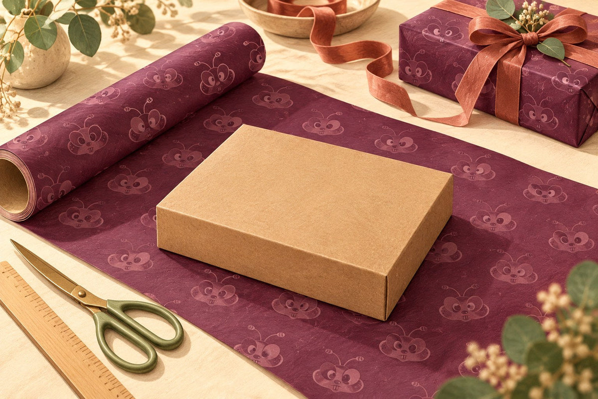 Illustration of a rectangular gift box on plum wrapping paper patterned with the Happibee bee face, beside a ruler and scissors
