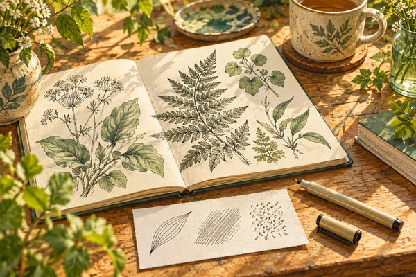 Original illustration of botanical ink sketches, a fineliner and three drawing exercises on a scrap of paper.