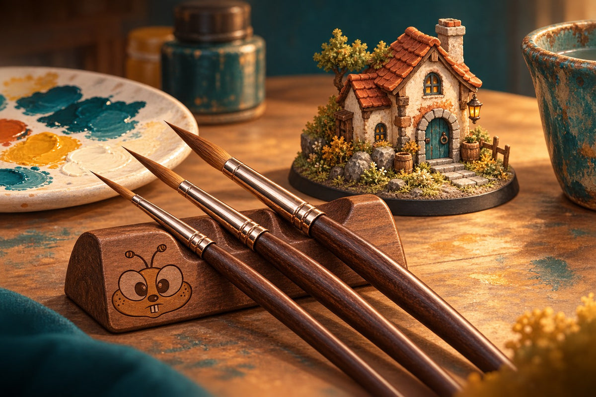Original illustration of three pointed round brushes beside a miniature cottage and a wooden rest engraved with the Happibee bee face