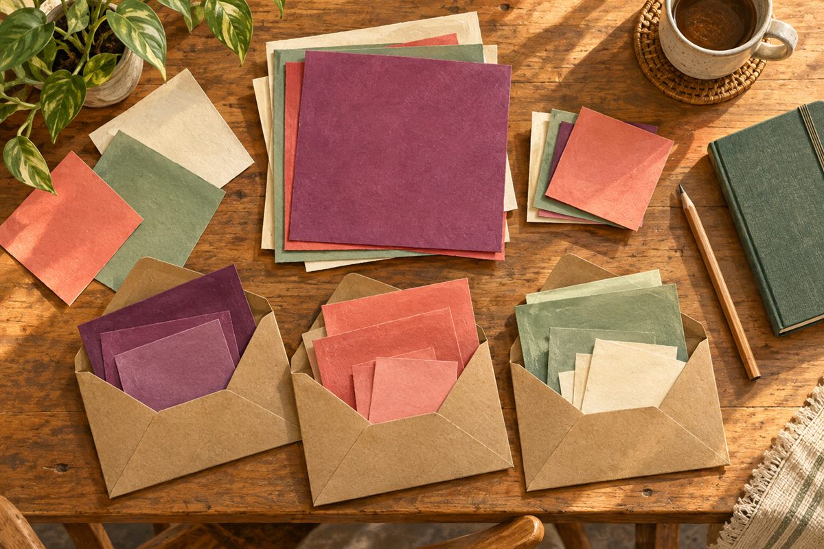 Original illustration of colored paper squares sorted into envelopes on a wooden craft table.