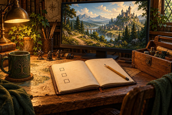 Original conceptual illustration of a gaming desk with a checklist, toolbox and an imagined fantasy landscape on a monitor.