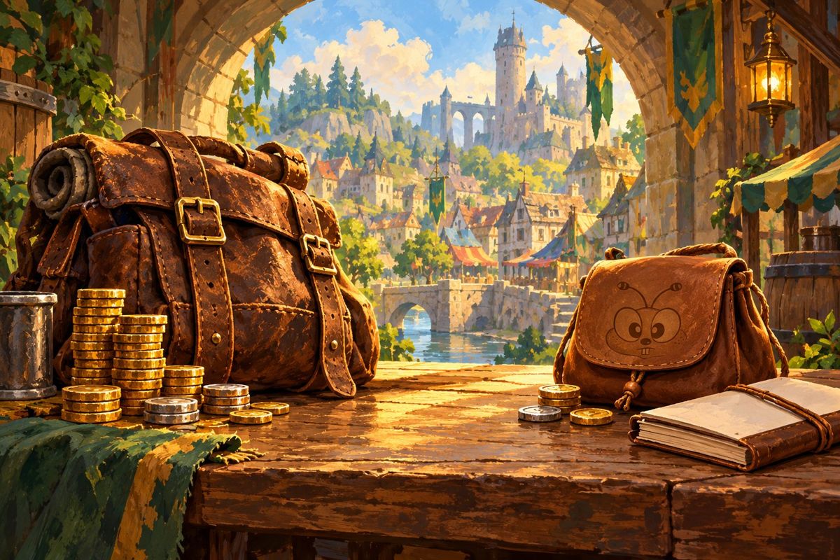 Conceptual illustration of two adventurer bags overlooking one shared fantasy town.