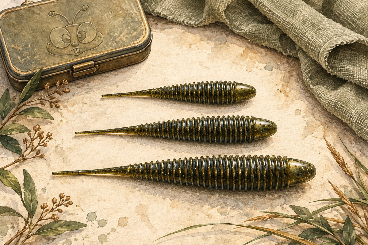 Editorial illustration of three pintail fishing trailers beside a tackle tin embossed with the Happibee bee face.