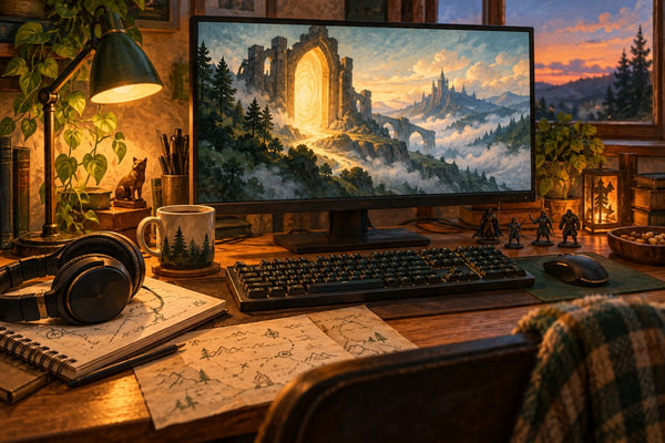 Original conceptual illustration of a gaming desk with headphones, a planning notebook and a glowing fantasy doorway on the monitor.