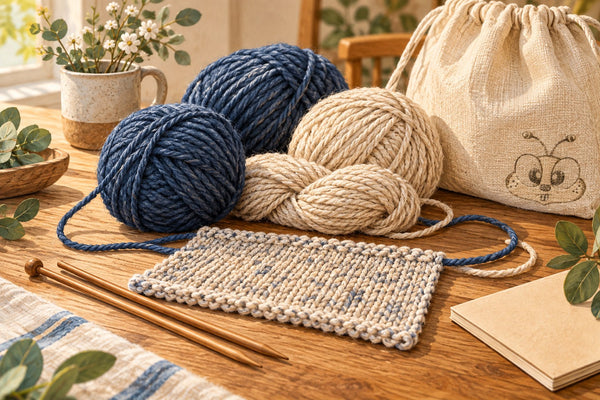 Illustration of indigo and oatmeal yarn beside a knitted swatch and a linen project bag with a tonal bee face