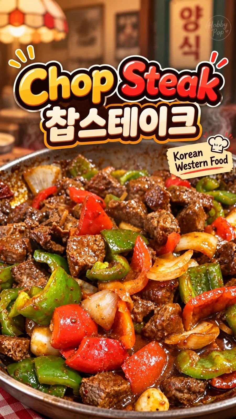 HobbyPop’s Chop Steak video cover, showing glazed beef, red and green peppers and onions beneath the English and Korean title.