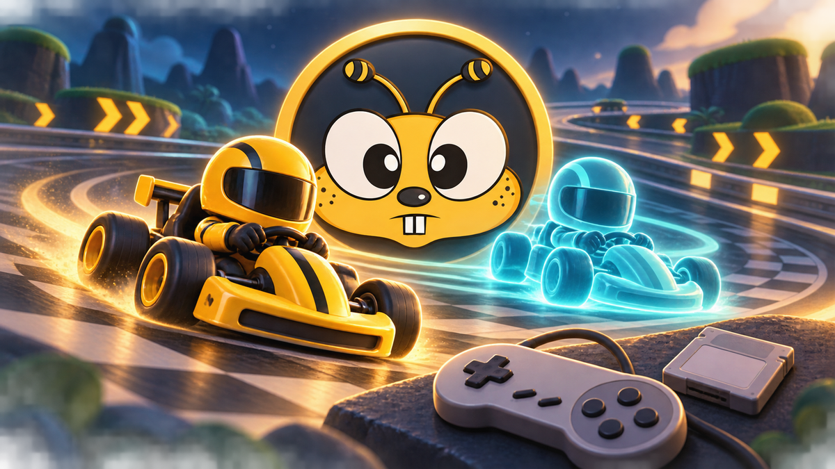 Illustrated yellow racing kart alongside a cyan ghost replay, with Happibee's bee logo and retro gaming accessories