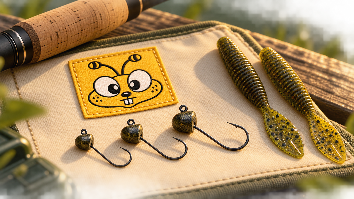 Three small fishing jigheads beside ribbed soft-plastic baits and a Happibee bee patch on a tackle mat.