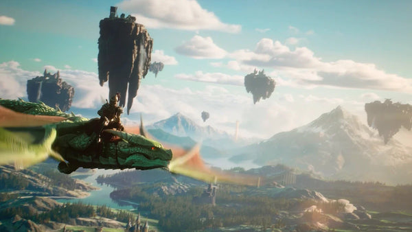 Still from Jagex’s RS4 teaser: an armored rider on a green dragon above rivers, forests and mountains, with floating stone islands overhead.