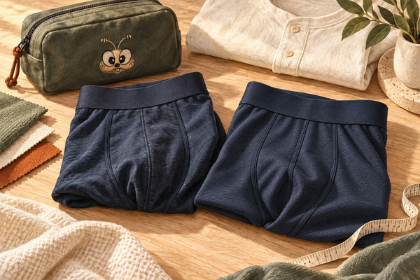 Editorial illustration of folded navy boxer briefs, fabric swatches and a travel pouch with a stitched bee face.