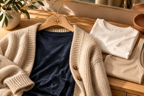 Oatmeal cardigan layered over a navy tee beside folded everyday tops on a wooden bench.