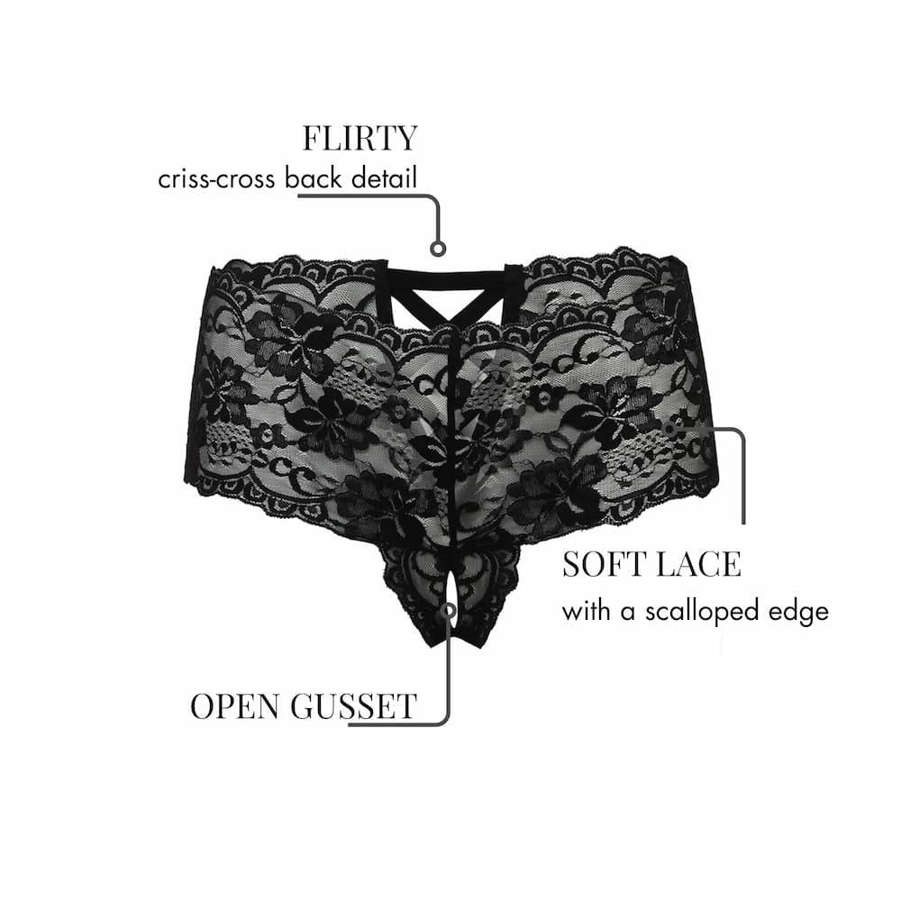 Good Night Kiss Lace Crotchless Boyshort Black Information