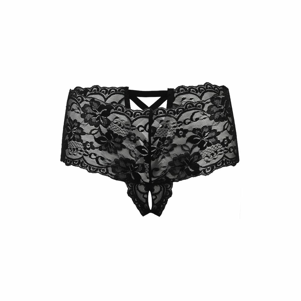 Good Night Kiss Lace Crotchless Boyshort Black
