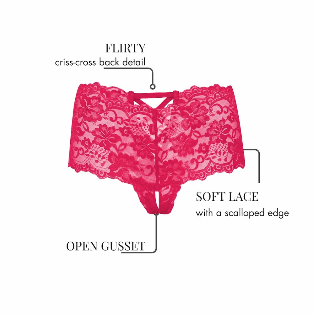 Good Night Kiss Lace Crotchless Boyshort Pink Features